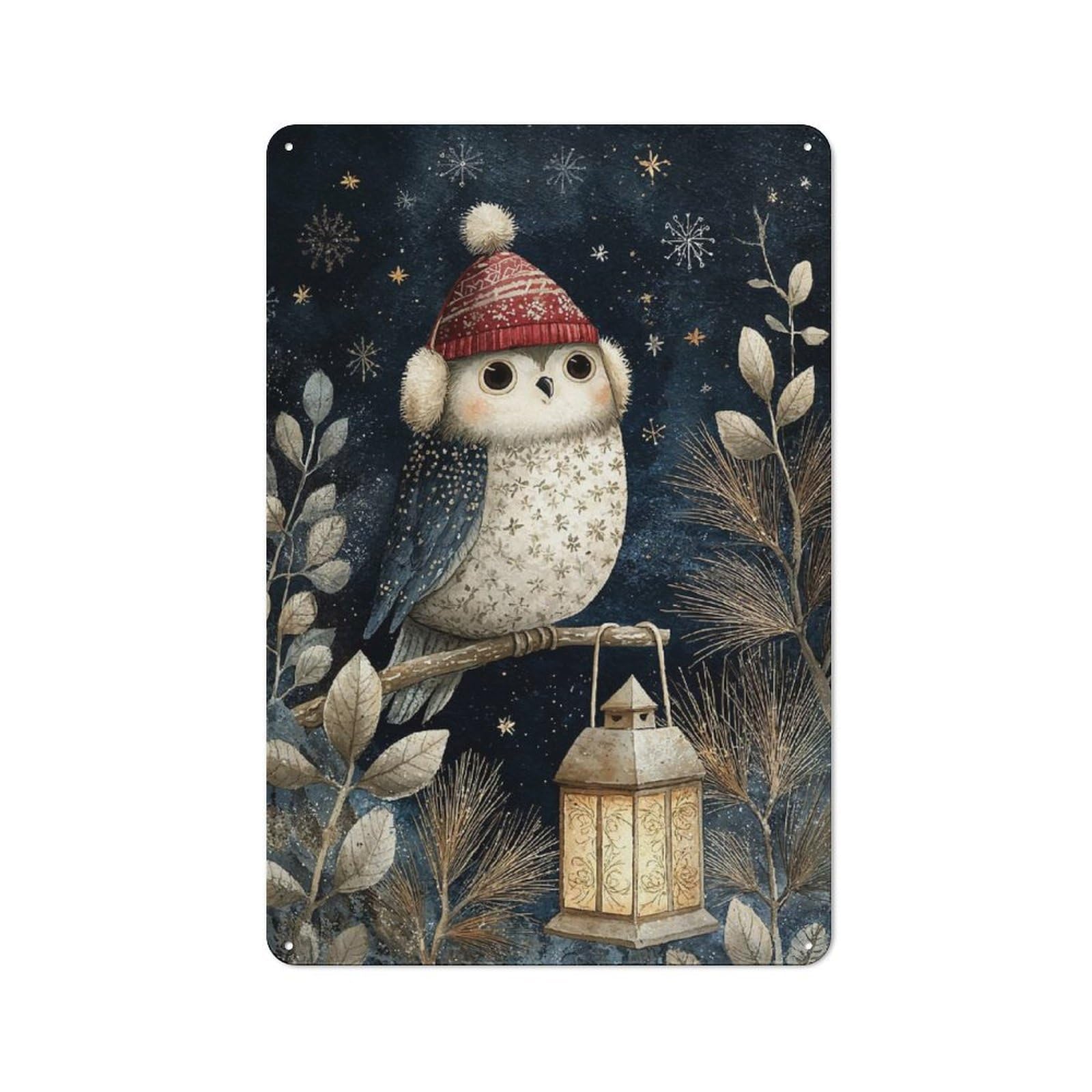Junmoney Style-4 Classic Winter Owl With Lantern Illustration Metal Wall Sign 30X20cm, Pub Wall Decor For Diner, Restaurant, Shed Or Kitchen