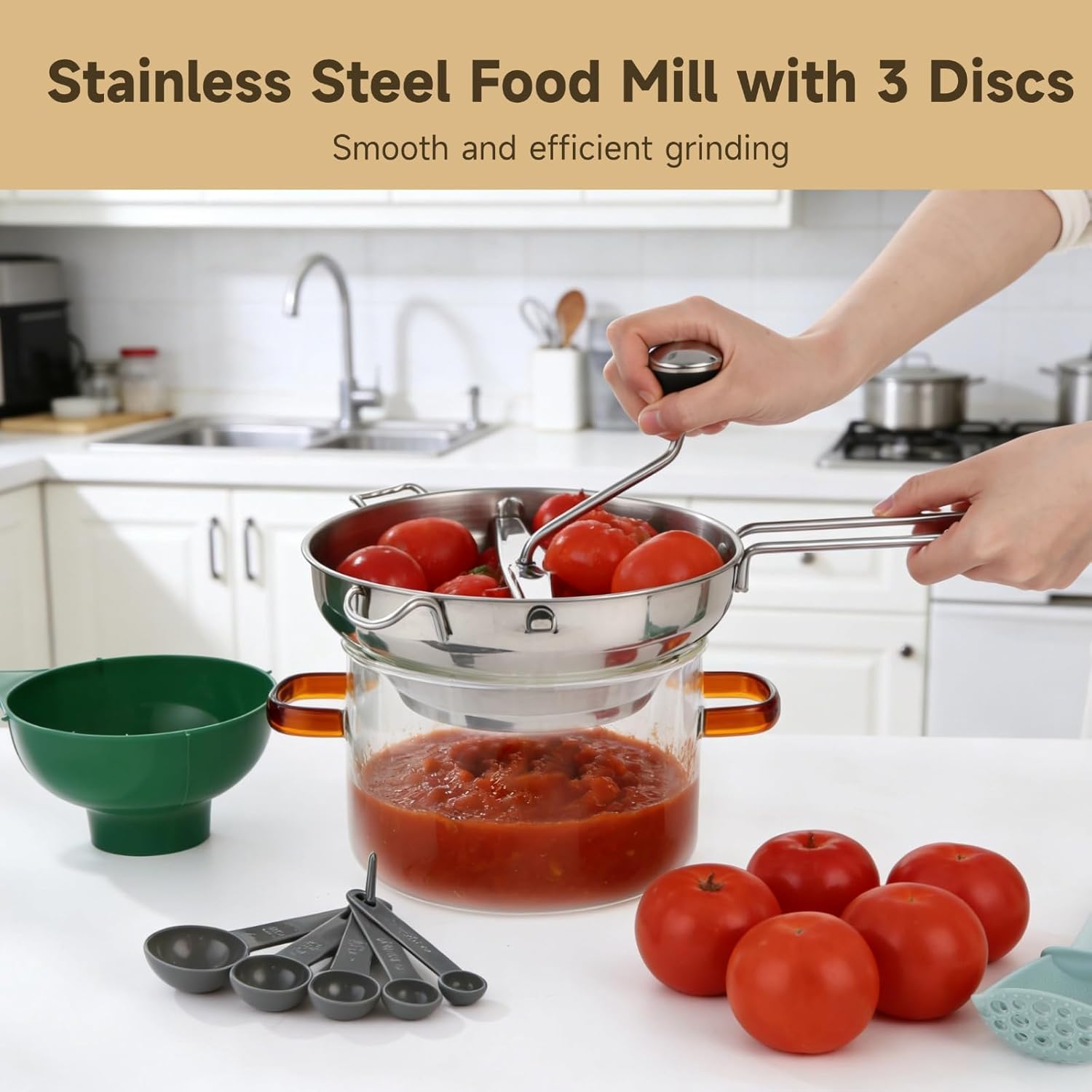 Stainless Steel Food Mill Set with 3 Discs, Crank, Funnel, Spoon Set for Tomato Sauce, Potatoes, Jams