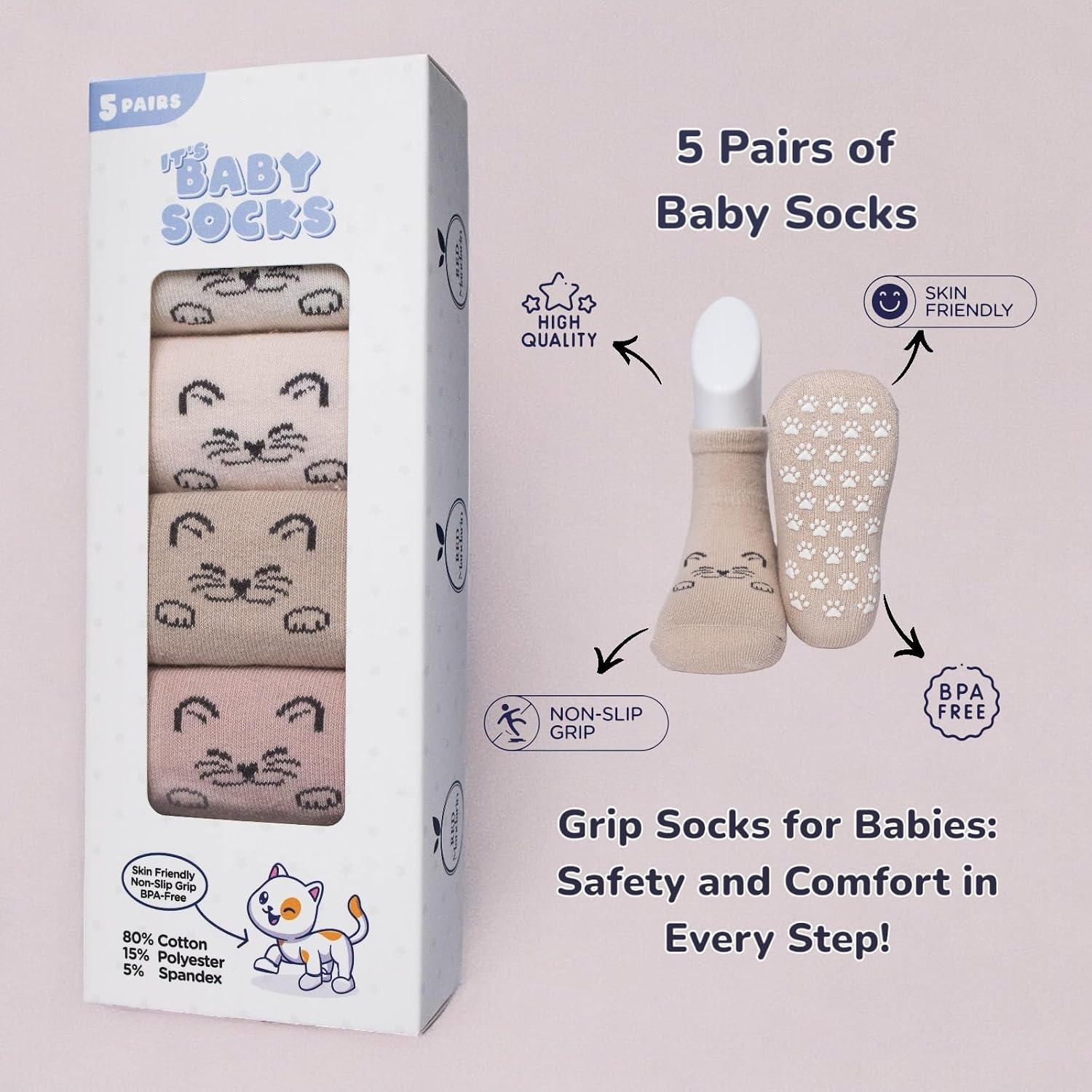 Safe Steps – 5-Pack Baby Grip Socks Gift Set Non-Slip Cat Paw Cotton Socks for Toddlers & Kids, Unisex, 6M–5Y image 5