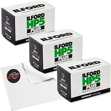 Ilford HP5 Plus Black & White 35mm Film Triple Pack 3 x 24 Exposures ISO 400 Negative Film + Clikoze Microfiber Lens Cloth