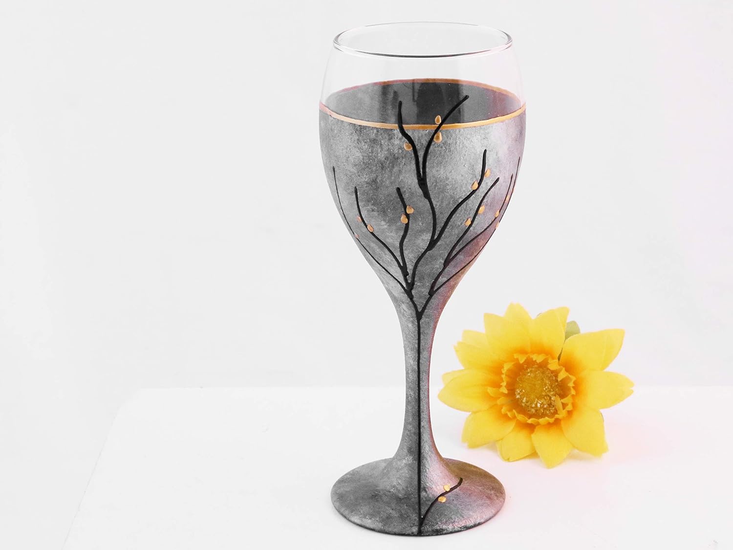 Sand and Water Creations Hand Painted Kiddush Cup Wine Glass Tree of Life 7" Silver Black