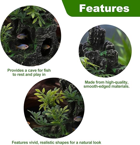 Aquarium Decorations Mountain View Stone Ornaments - Large and Tall Fish Tank Decor with Artificial Grass, Realistic Rock Cave Ornaments for Small Fish Hideout, Natural Fish Tank Accessories - 5