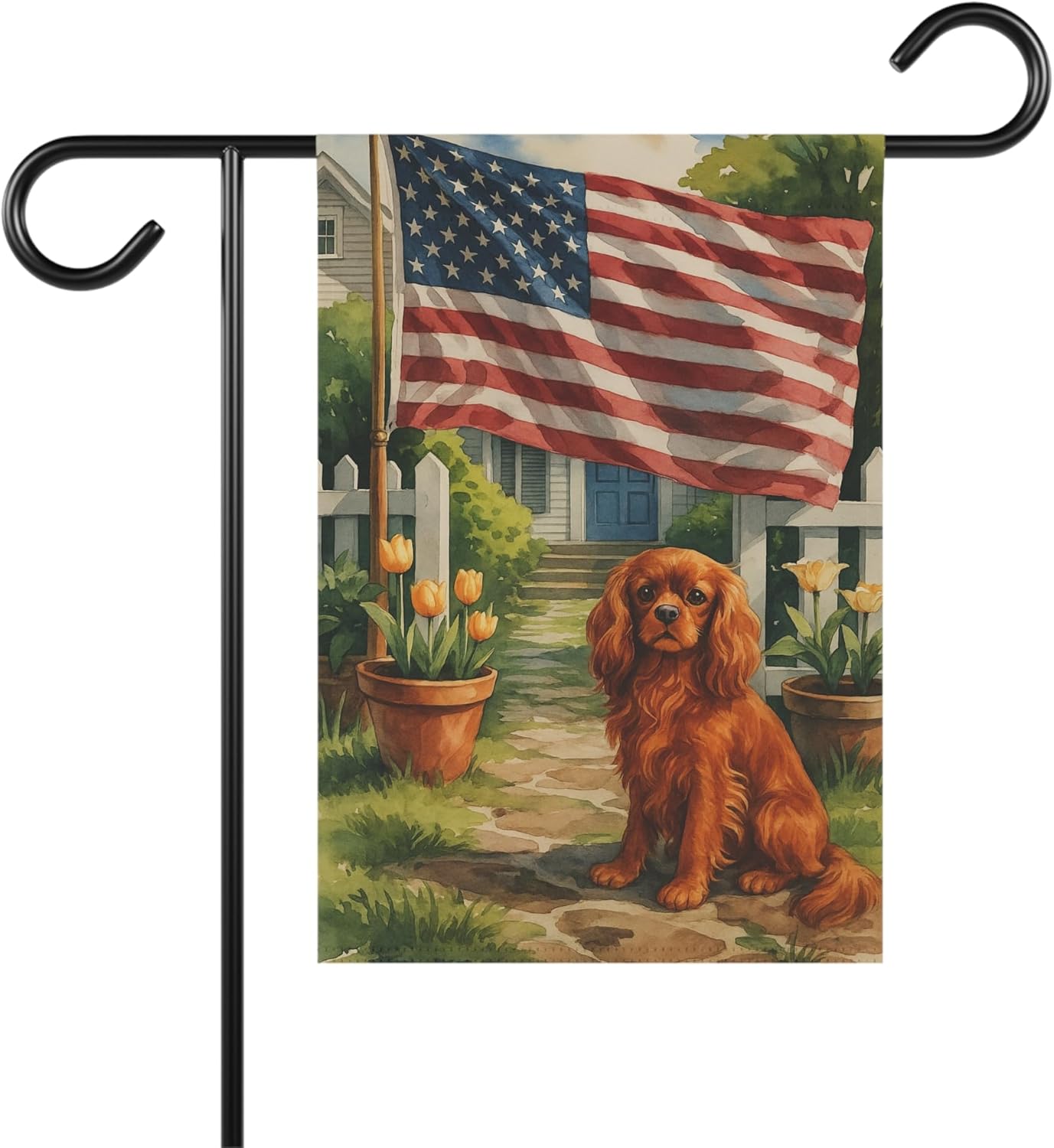PUDDINFLAGS Ruby King Charles Cavalier Spaniel Garden Flag, 4th of July, US Flag Yard Outside Decor, Patriotic Housewarming