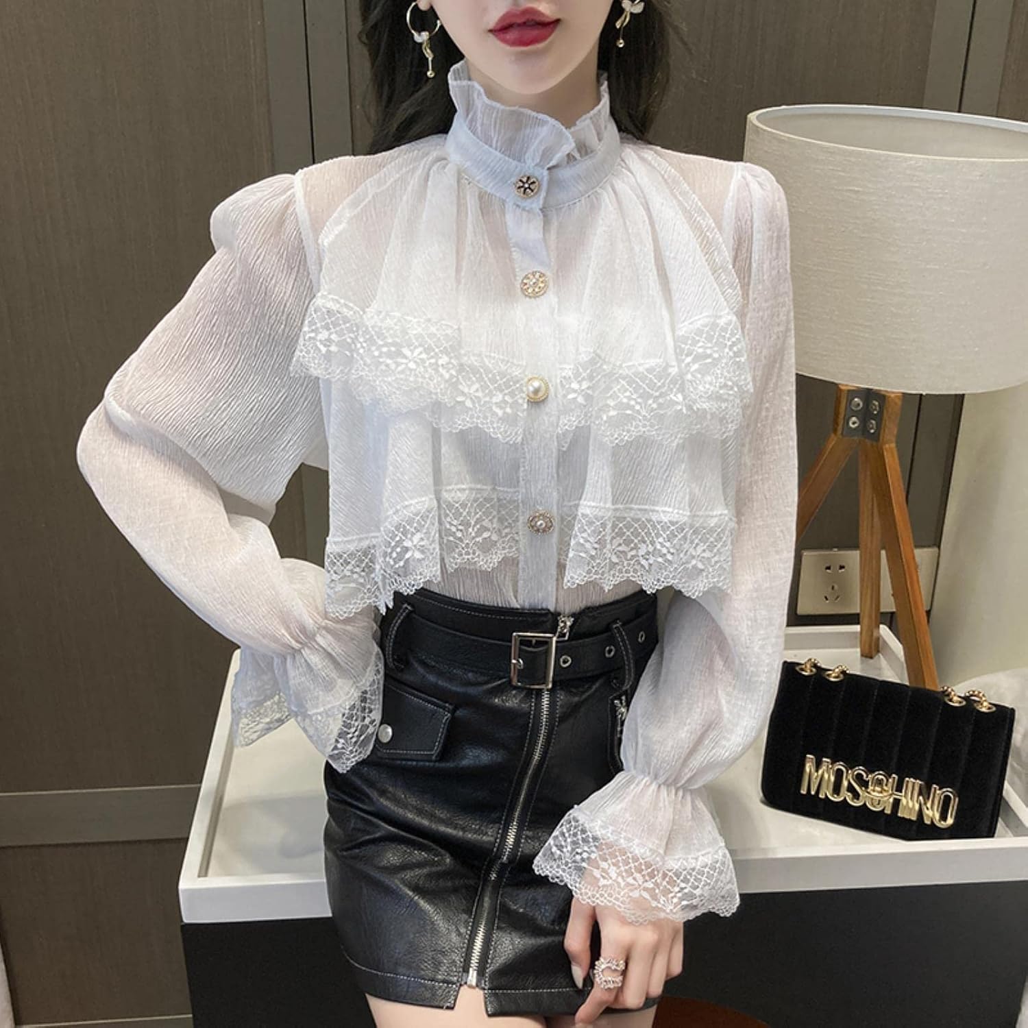 Weiß Viktorianisch Bluse Langarm Gothic Schnürkorsett Top Frauen Büro Renaissance Vintage Party Goth Rüschen Lolita Hemden, Apricot, M