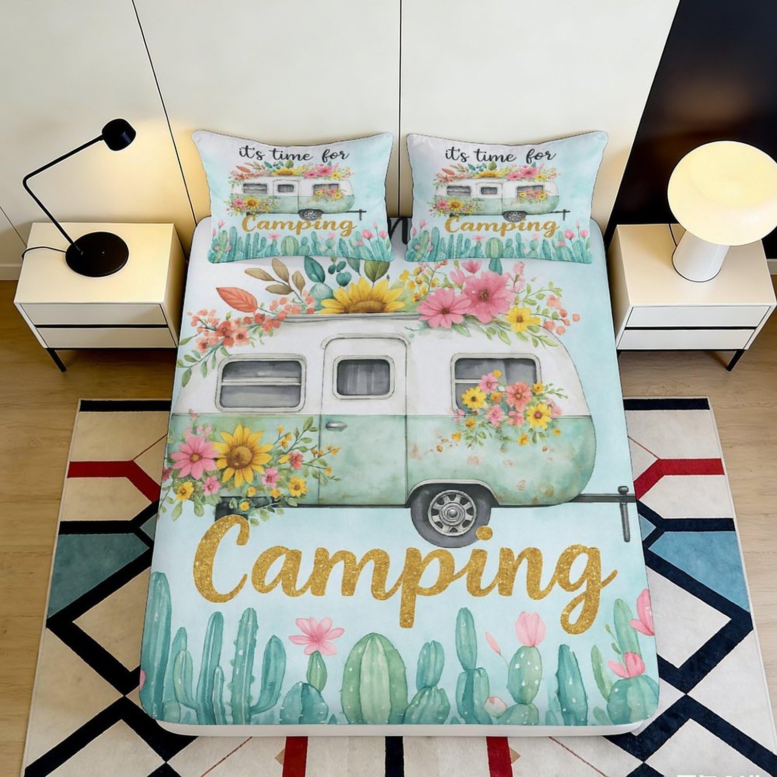3D Printed Camping Caravan Fitted Sheet Microfiber Floral Cactus Mattress Cover for Bedroom Dorm Decor 118 140x200x25cm
