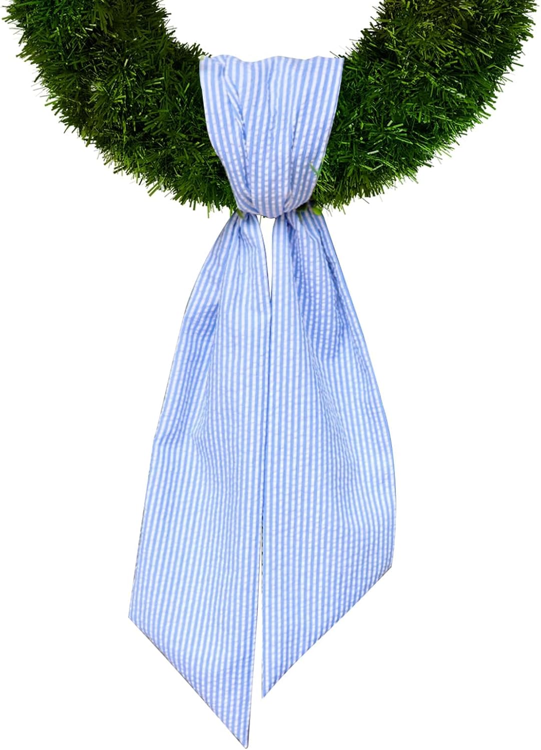 Baby Shower Wreath Sash for Front Door, Blue Seersucker Sash Holiday Stripes Wreath Accessories for Home Wedding Birthday Decorations