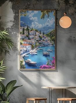 Mediterranean Coastal Village Wall Art Greek Island Harbor Poster Framed Scenic Landscape Print 18" L x 9" W Vertical Wall Decor White Houses, Boats & Blue Sea Living Room, Bedroom Decor