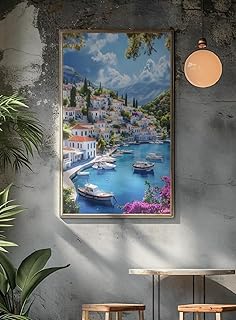 Mediterranean Coastal Village Wall Art – Greek Island Harbor Poster – Framed Scenic Landscape Print – 18" L x 9" W Vertical Wall Decor – White Houses, Boats & Blue Sea – Living Room, Bedroom Décor