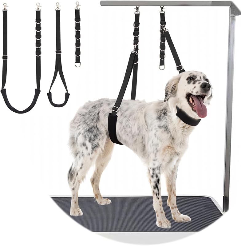 Dog Grooming Belly Strap - 3PCS Grooming Restraint Set Adjustable Belly Band Loops Strap with Padded Support & Loop Extension Straps Pet Grooming Harness Kit for Dogs (Black)