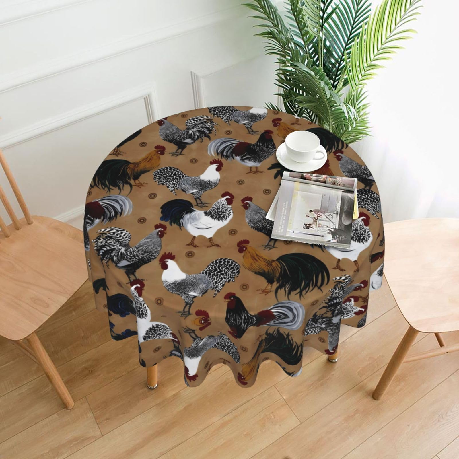 HJFCZH Rooster and Chicken Print Prints Round Decorative Tablecloth 60in - High-Grade Polyester Throw for Dinners, Weddings & Everyday Use