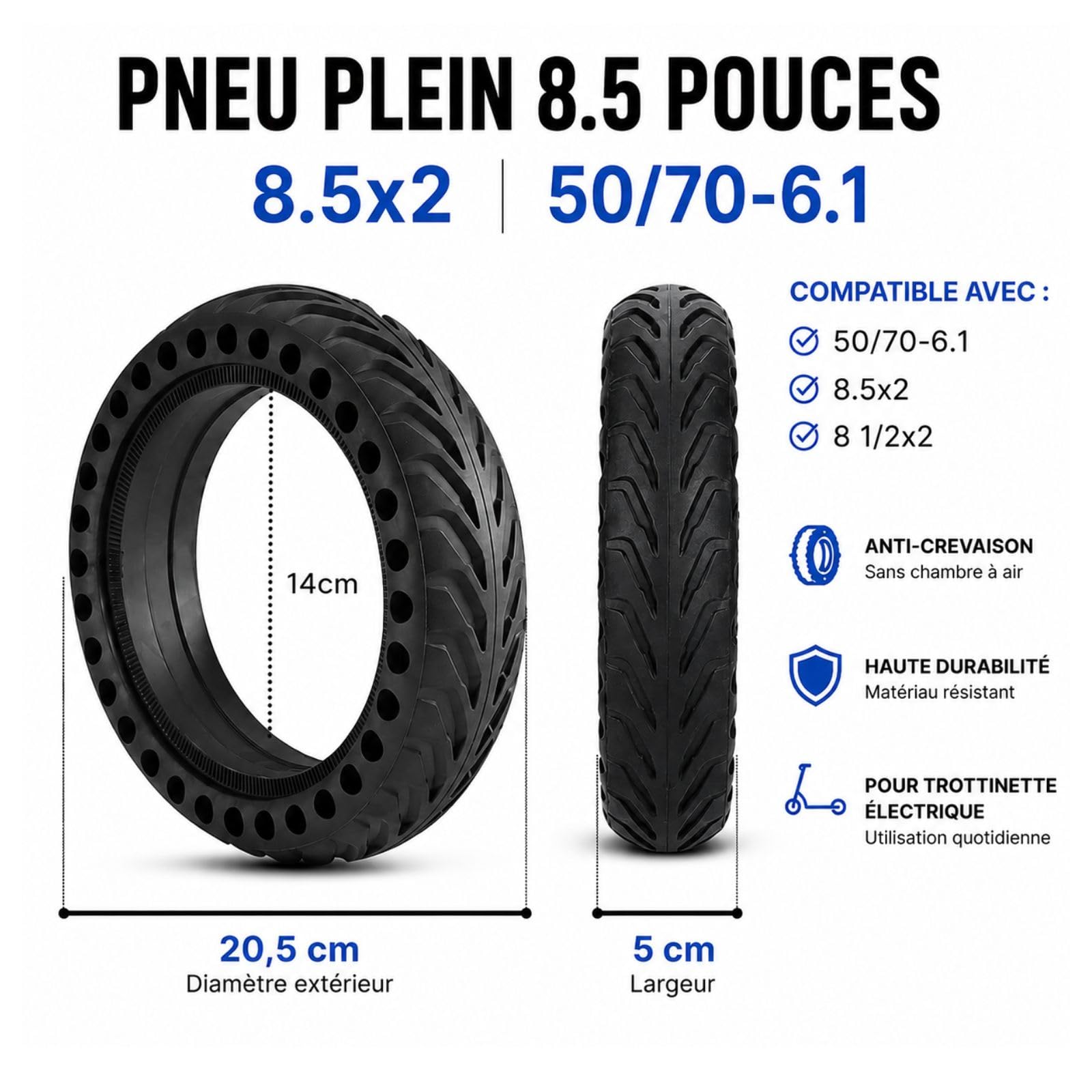 ANSENI Pneu Plein 8,5 Pouces Pneu de Remplacement Antidérapant pour Trottinette Électrique,Compatible avec Xiaomi M365/1S/Essential/Pro/Pro