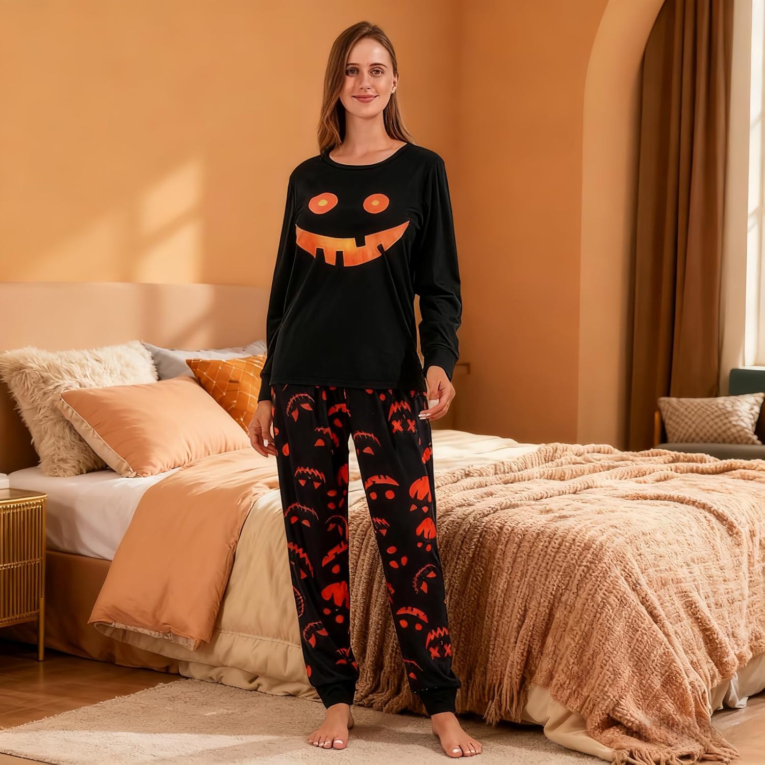 Womens PajamasSet Winter Sleepwear Loungewear Pumpkin Long sleeve Glow in Dark printing Crew Neck - Image 2