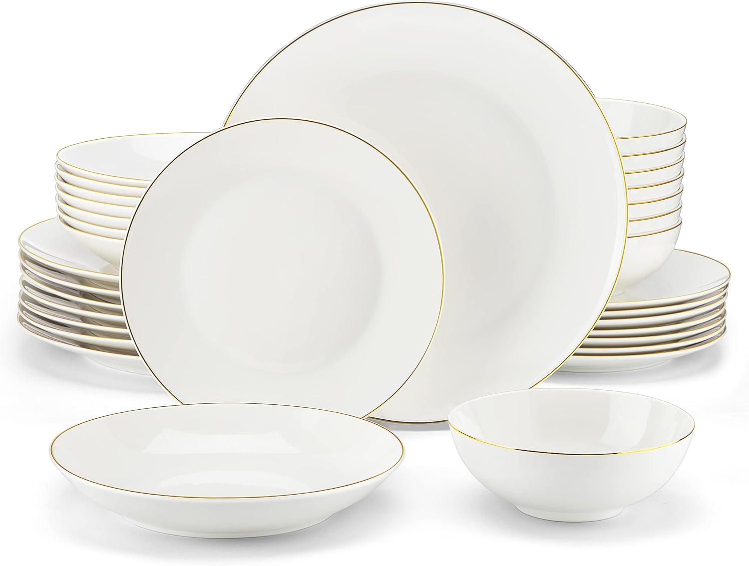 MALACASA Dinner Sets for 8 People, 32 Piece Bone China Plates and Bowls Sets with Golden Rim