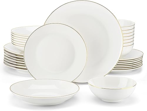 MALACASA Juego de vajilla de porcelana de hueso, juegos de vajilla de 32 piezas de oro blanco para 8, juegos de platos y cuencos de cocina, juego de