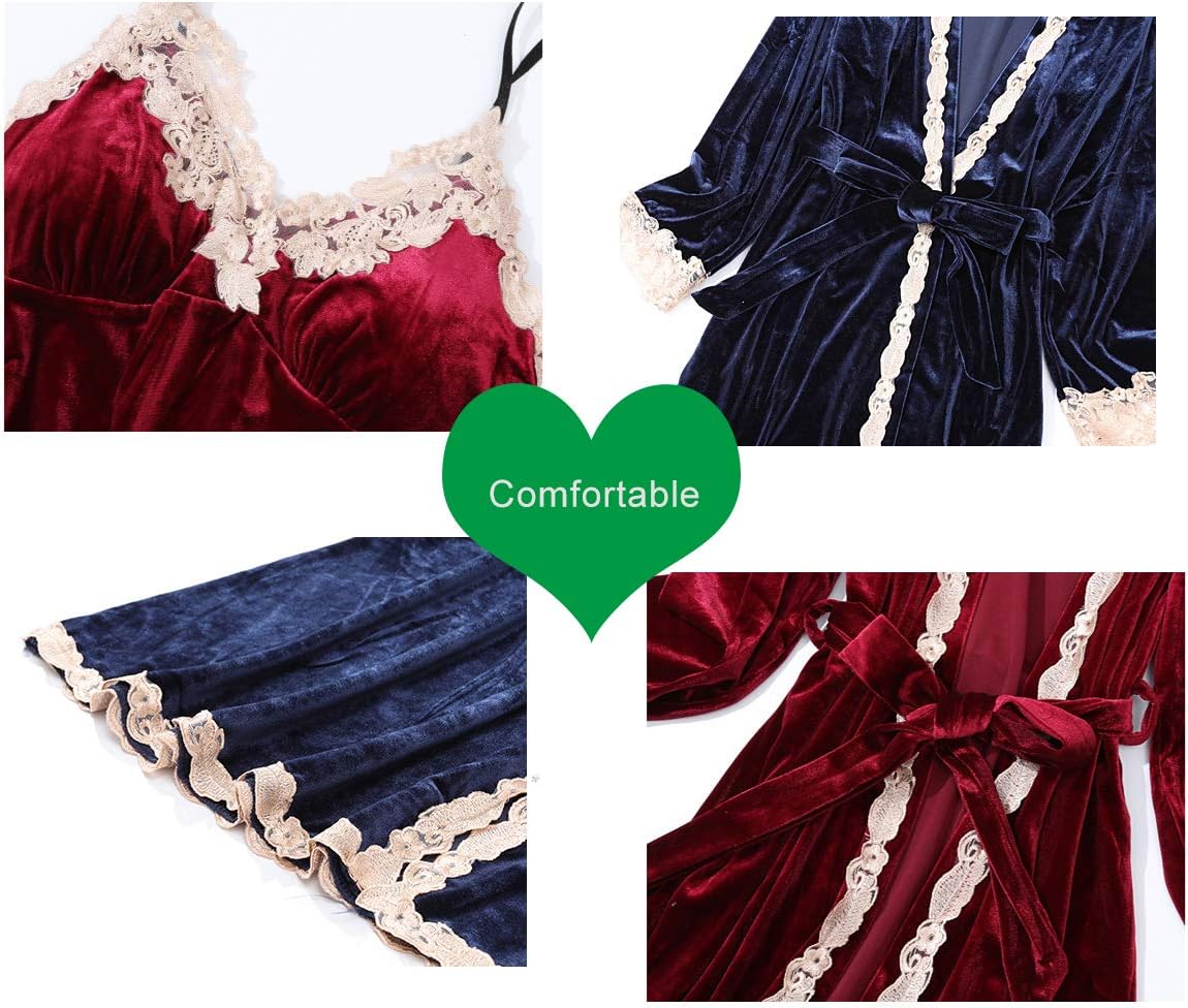 Winter Gold Velvet 6 Pieces Gown Sets Pajamas Sets Sexy Lace Robe Pajamas Sleepwear