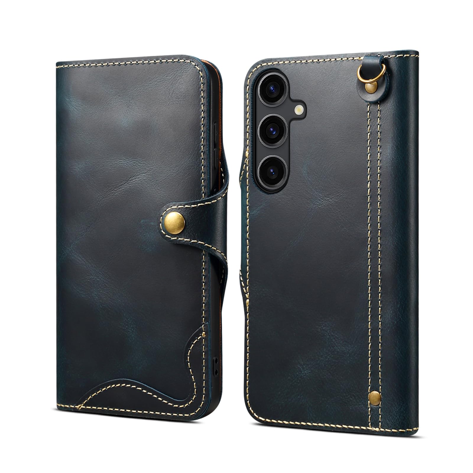 nincyee Genuine Leather Wallet Case for Samsung Galaxy S25,Classic Oil Wax Pattern Real Leather Button Card Slot Flip Stand Case Cover with Lanyard