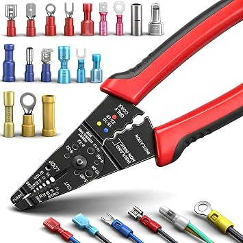 smseace Red Wire Crimping tool Wire crimper,stripper and cutter for insulated/Bare/Heat Shrink connectors22-10 AWG Multifunctional Cable Stripper and Crimping tool