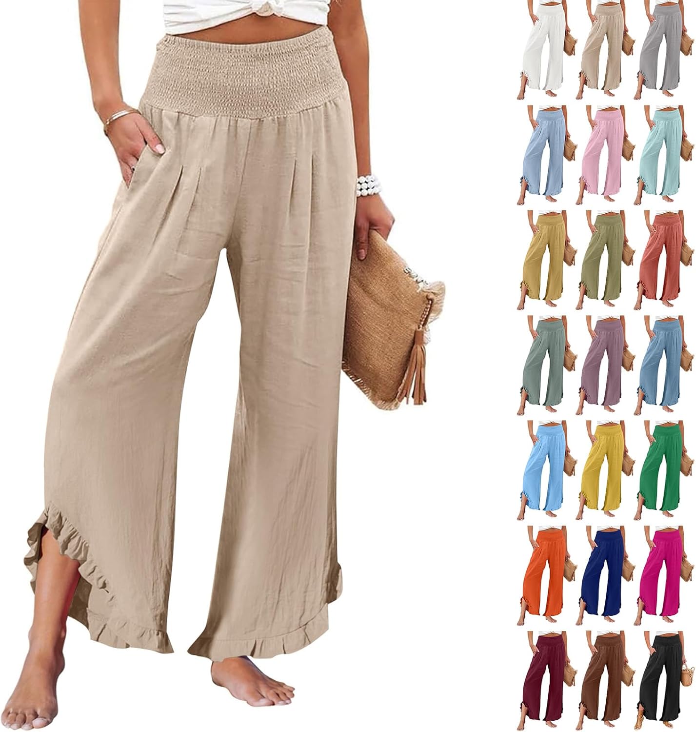 Linen Pants Women Smocked High Waisted Wide Leg Cropped Palazzo Pants with Pockets Cute Ruffle Boho Flowy Beach Pant