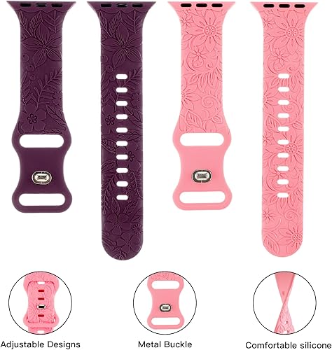 Miniatura 3 de Correa deportiva de silicona con grabado floral compatible con Apple Watch de 1.575 in, 1.614 in, 1.496 in, 1.654 in, 1.732 in, 1.772 in y 1.929 in