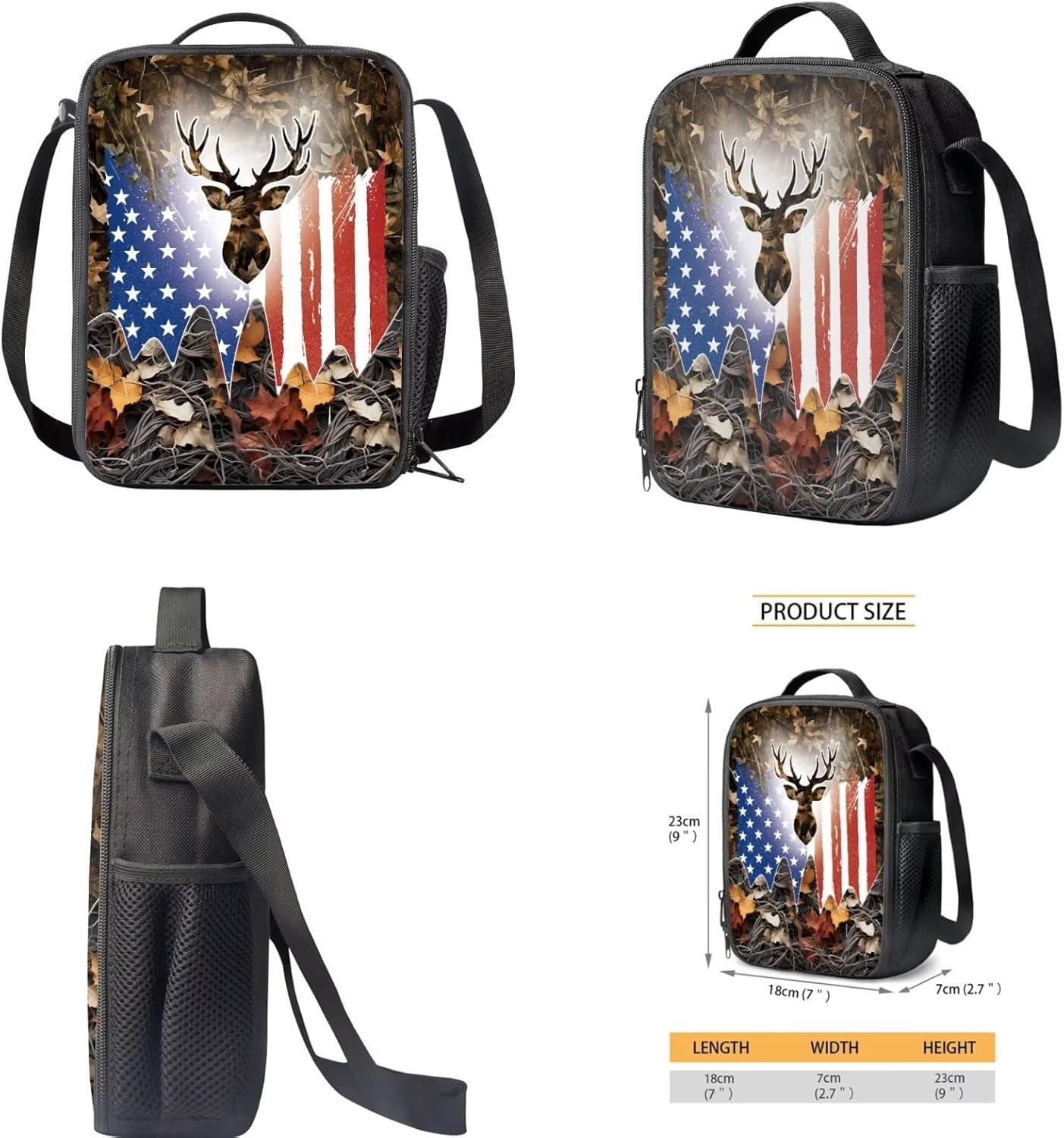 American Flag Deer Print School Backpack with Lunch Box Pencil Case 3 In 1 School Bag Book Bag for Kids Teen Boys Lager Capacity Student Bookbags Casual Shoulder Bags Daypack