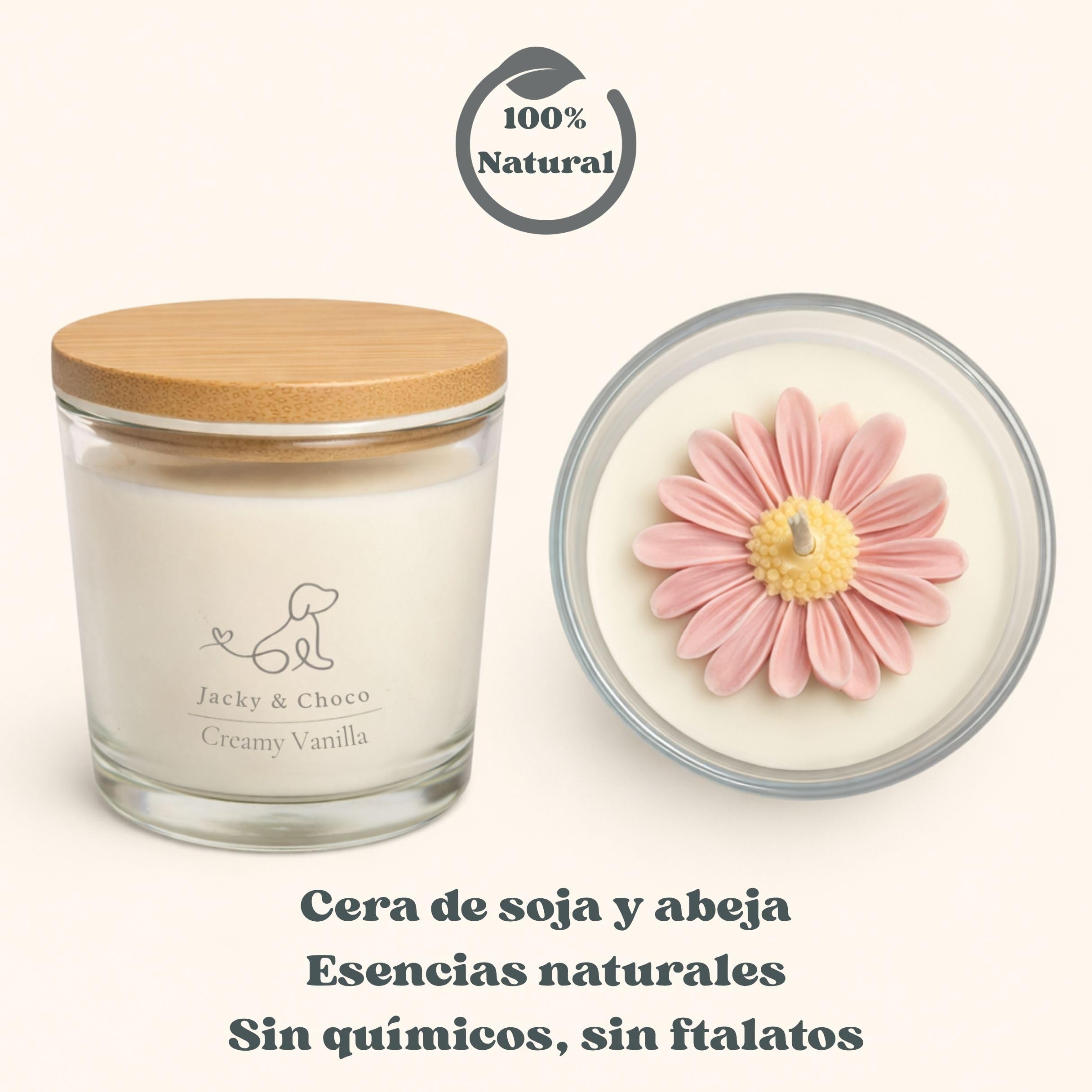 Jacky&Choco Velas Aromáticas Decorativas de Vainilla, Velas Perfumadas Originales, 200gr de Cera de Soja y Abeja, Vela Aromática grande, ideal como Decoración de Hogar o Aromaterapia