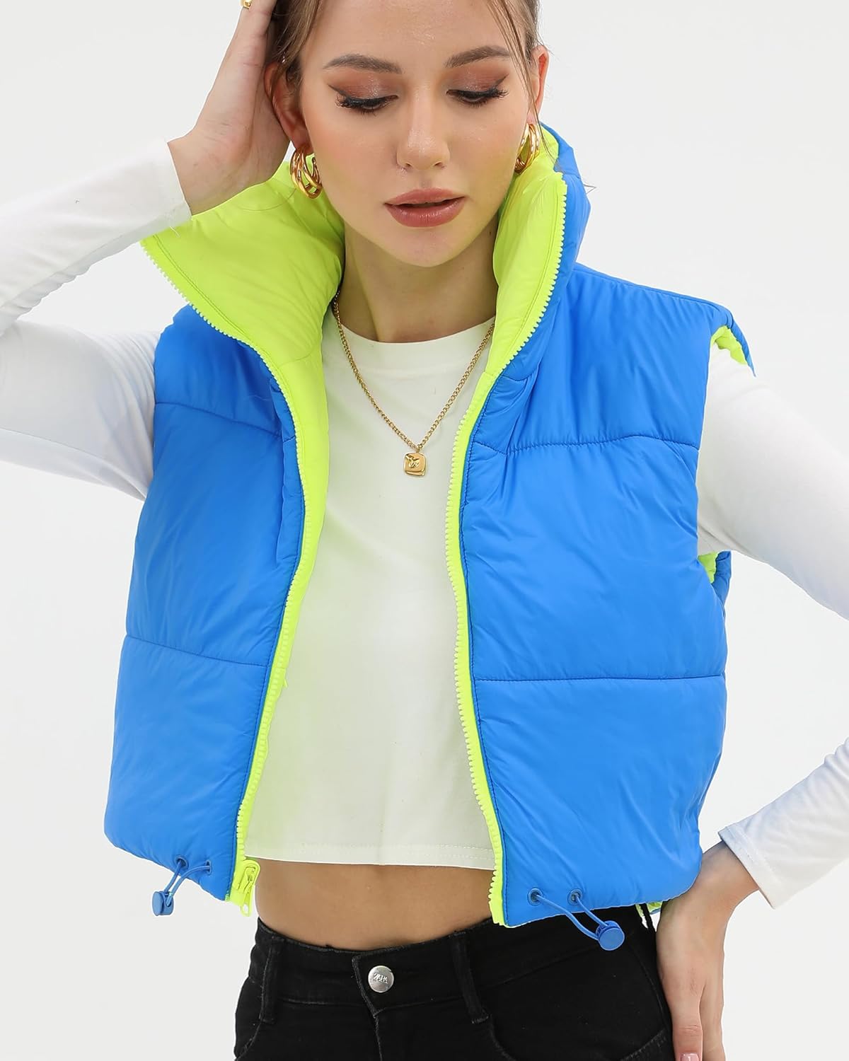 Xeoxarel Women's Reversible Cropped Vest, Puffer Lightweight Full Zip Sleeveless Warm Outerwear Padded Gilet with Pockets Green Blue M - Image 6