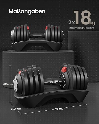 SONGMICS Set of 2 Adjustable Dumbbells, 12-in-1 Weights 1.5-18 kg Each, Quick Dial, Space-Saving, Non-Slip Handle, Storage Tray, Home Gym Strength Training, Black and Red SYL536R101 - 6