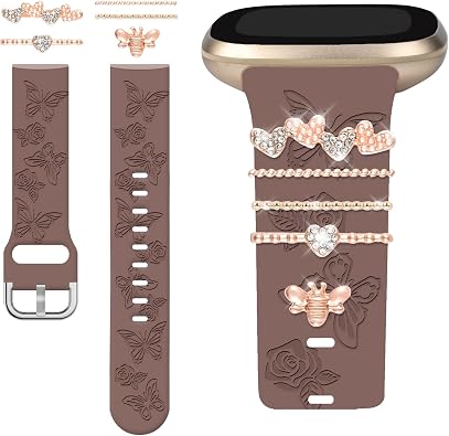 Floral Engraved Band and Decorative Rings Loops Compatible with Fitbit Sense/Sense 2/Versa 3/Versa 4 Bands Women,Silicone Replacement Band for Fitbit Sense/Sense 2/ Versa 4/ Versa 3 Smartwatch