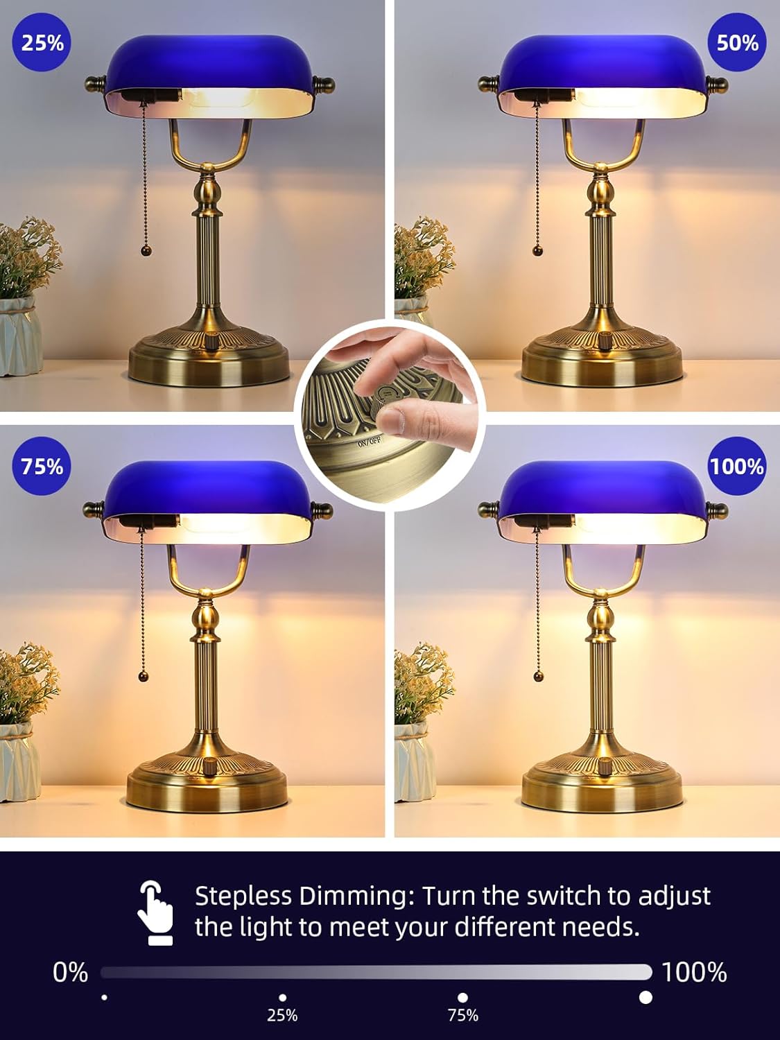 Newrays Blue Glass Bankers Desk Lamp, Stepless Dimmable Table Lamp Plug in Fixture for Study, Home Office, LED Bulb Included