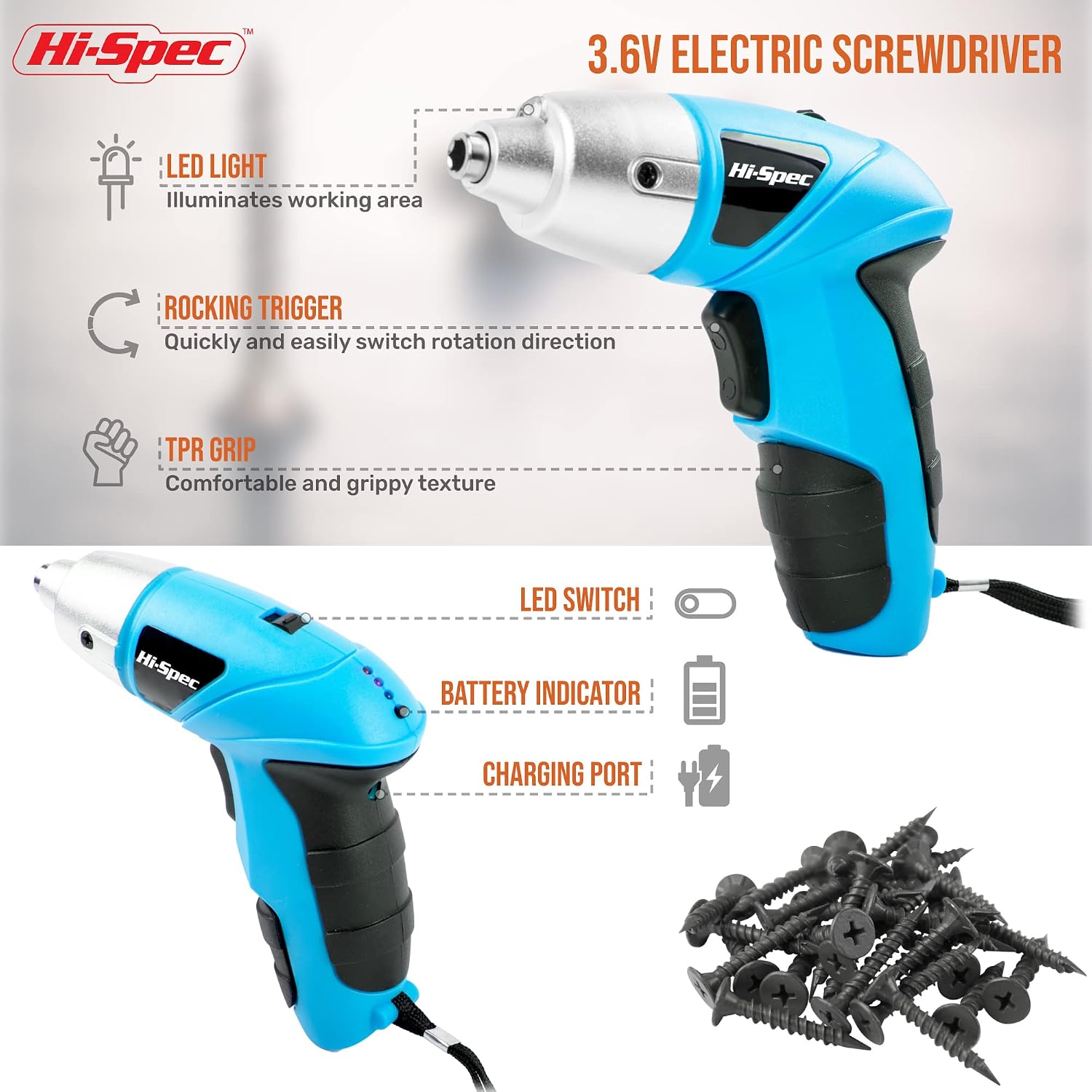Hi-Spec 27pc 3.6V Blue USB Small Power Electric Screwdriver Set. Cordless & Rechargeable with Driver Bit Set