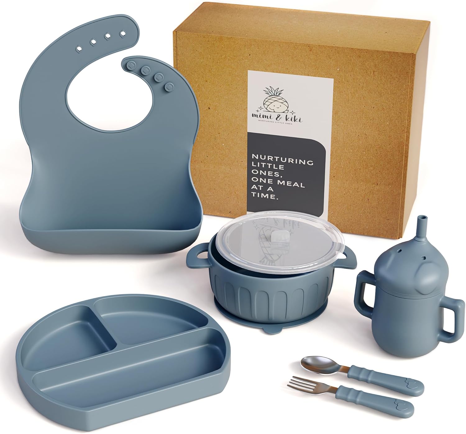 mimi & kiki BPA-Free Silicone Baby Feeding Set, Baby Plates and Bowls Set, Baby Led Weaning Supplies, Silicone Suction Plate, Baby Utensils, Bib and Cup, Self Feeding, Dishwasher Safe (Blue) - Image 8