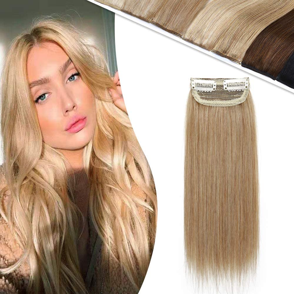 Hairro Clip in Mini Human Hair Extensions for Men and Women Adding Volume Dark Blonde 12 Inch Seamless Highlight Clip in Wiglet Hair Filler Long Straight Hairpieces #27