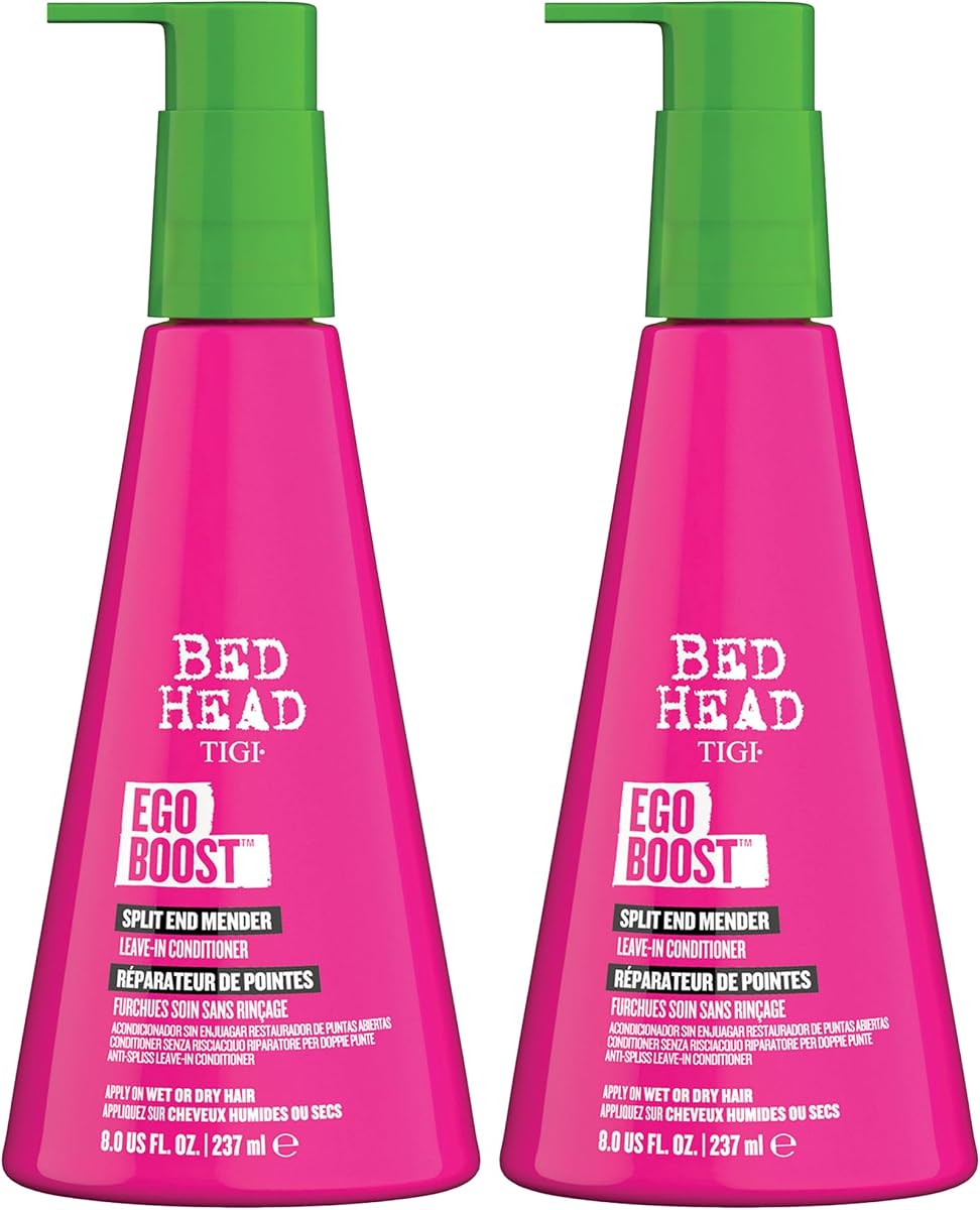 TIGI Bed Head Acondicionador sin enjuague, reparador de puntas abiertas, paquete de 2 Ego Boost – Tratamiento de puntas abiertas para cabello seco y dañado, fragancia de frutas y bayas, 8 oz cada una