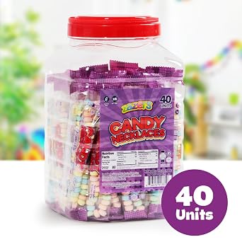 40 Candy Necklaces Bulk Jar - Individually Wrapped Edible Jewelry - Assorted Fruity Flavors - Perfect for Party Favors, Goodie Bags, and Gifts - Gluten-Free, Nut-Free, Kosher