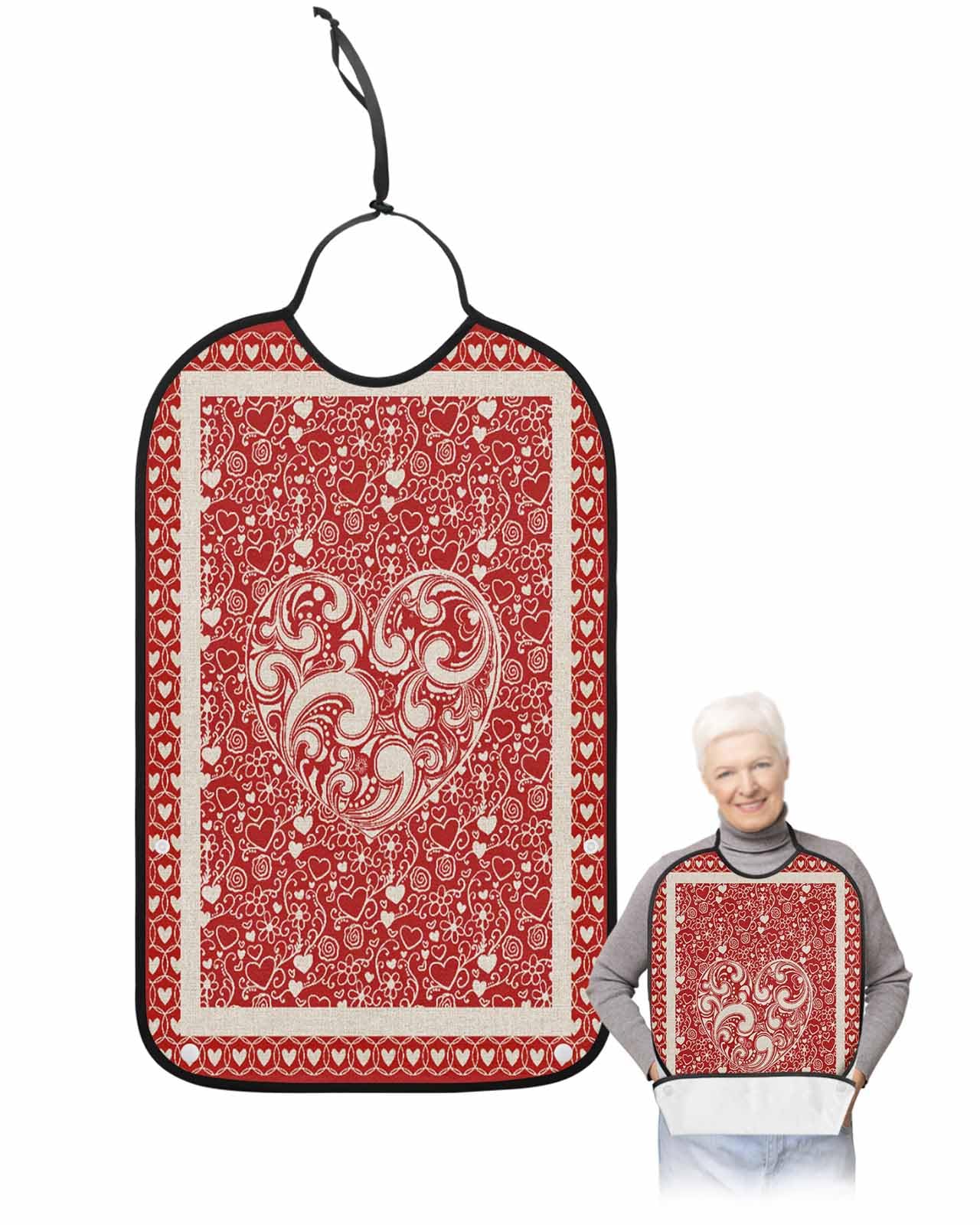 LEOKOTI Red Love Heart Valentines Adult Bibs for Eating, Waterproof Bibs with Food Catcher & Adjustable Snap Closure, Vintage Geometric Art Washable Clothing Protectors Adult Bibs for Elderly