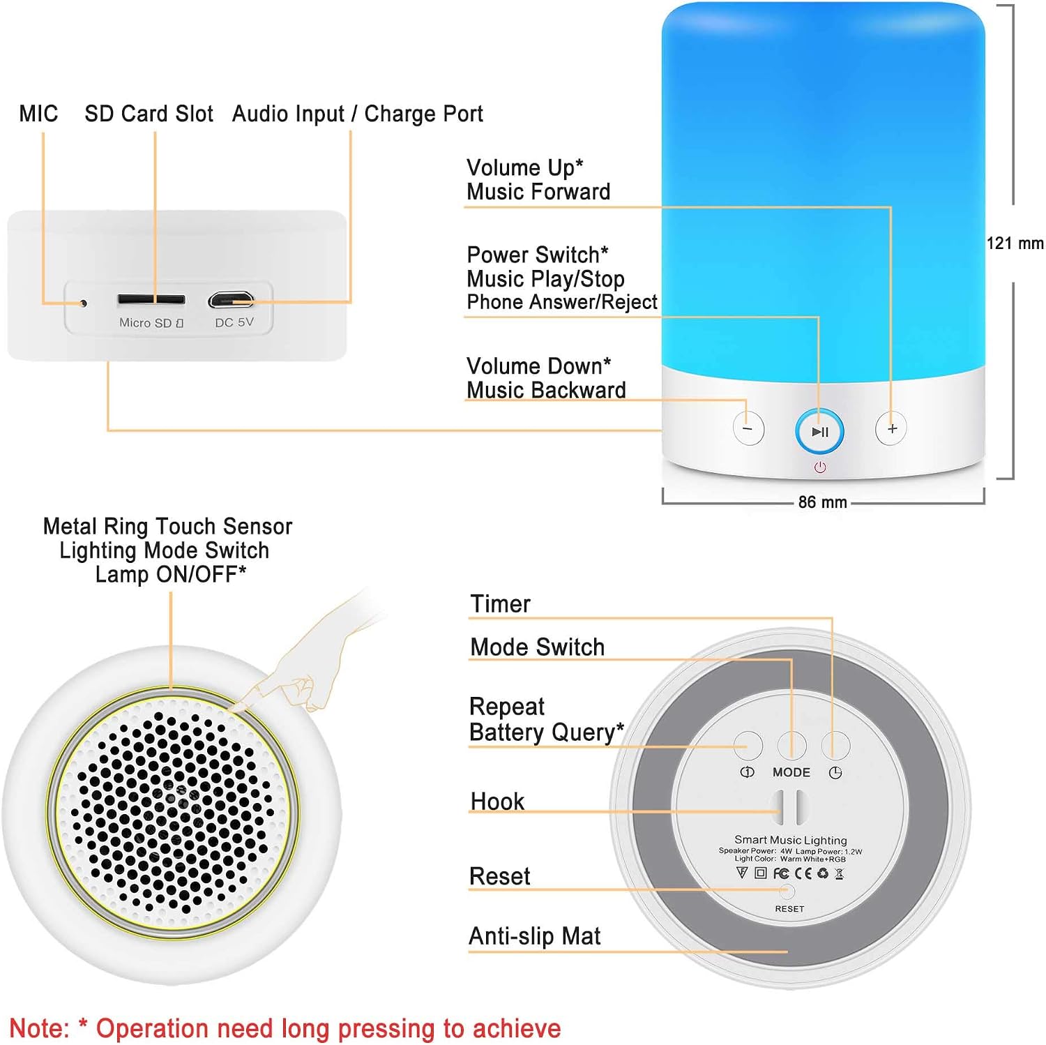 MRCOOL Night Light Bluetooth Speaker Bedside Lamp, Dimmable Multi-Color Changing Bedside Lamp, MP3 Player, Gifts for Men Women Teens Children Kids