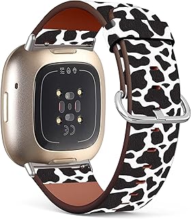 Mingdao Compatible with Fitbit Versa 4 / Versa 3 / Sense 2 / Sense Patterned Leather Replacement Band (Black and White Cow Print Pattern)