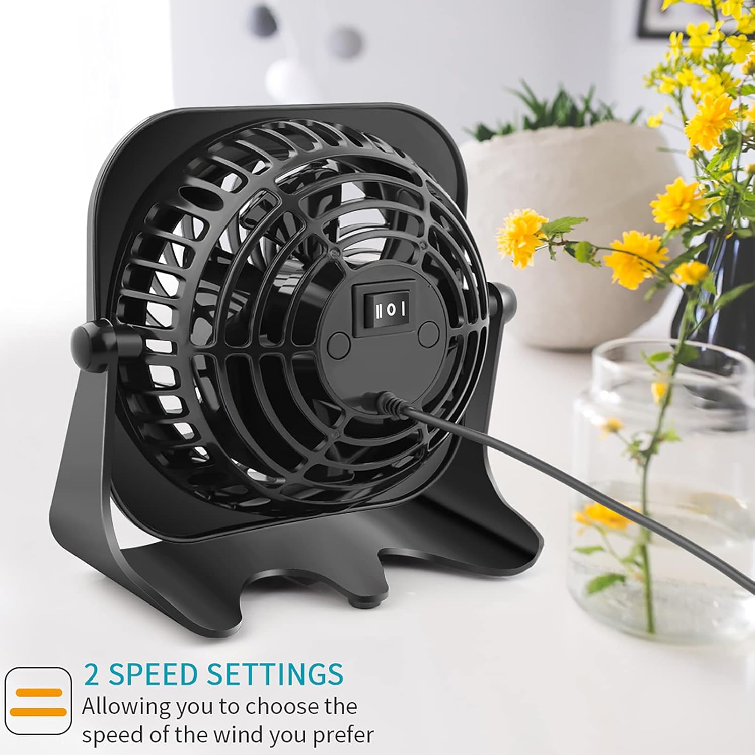 4 Inch Mini USB Desk Fan Quiet, 2 Speeds, Lower Noise, USB Powered, 360° Up and Down, 3.8 ft Cable, Powerful Desktop Fan for Home Office Room : Electronics