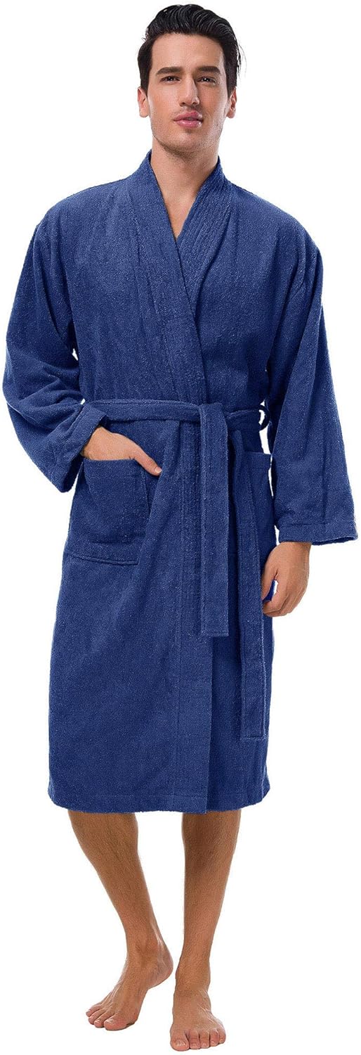 SIORO Men's Terry Cotton Robe, Absorbent Kimono Towel Bathrobe for Spa and Hotel, Soft Shower Calf Length Cloth with Pockets