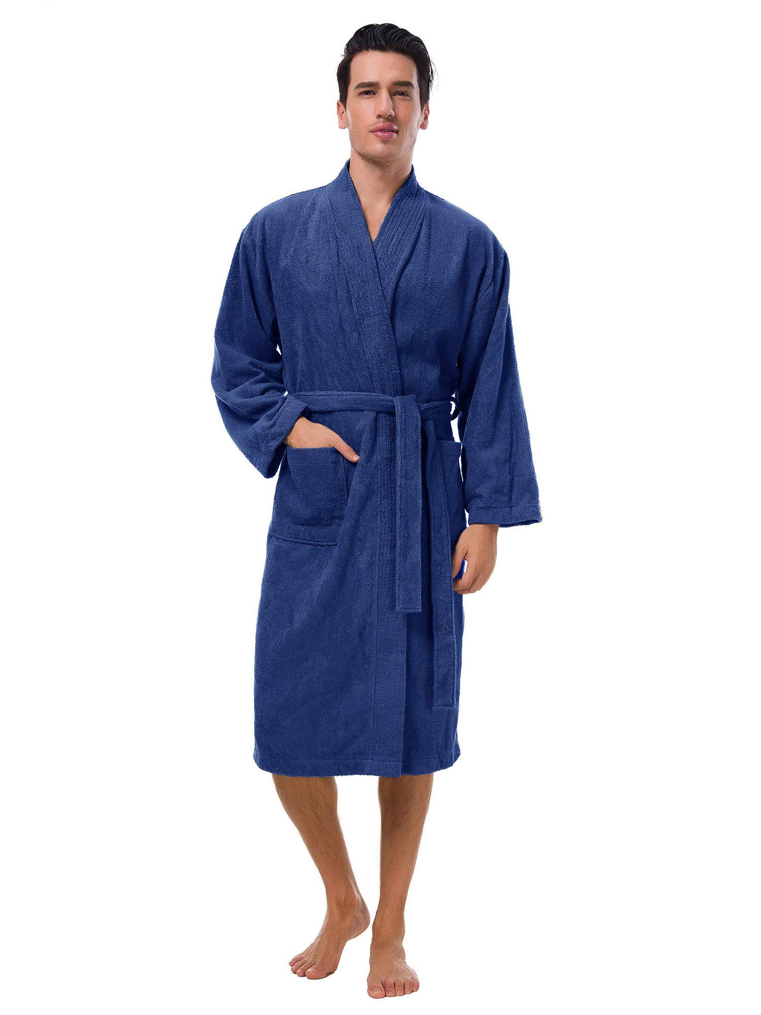 SIORO Men's Terry Cotton Robe, Absorbent Kimono Towel Bathrobe for Spa and Hotel, Soft Shower Calf Length Cloth with Pockets