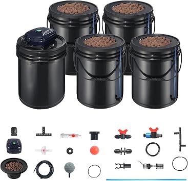 Happybuy RDWC Hydroponics Grow System, Recirculating Deep Water Culture Kit, 4 Buckets & 1 Reservoir, with Top Drip, Air Pump, Water Level Device for Leafy Vegetables