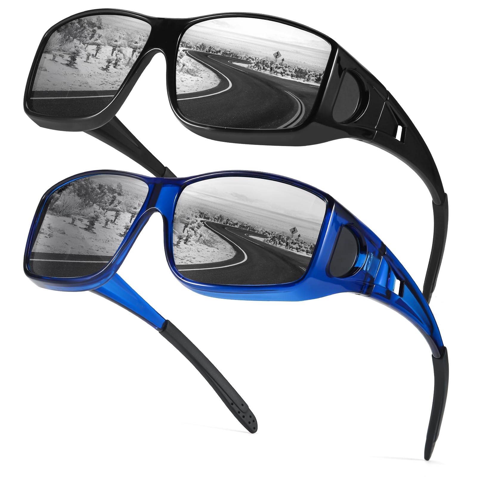 Myiaur 2er Pack Polarisierte Überzieh Sonnenbrille für Herren Damen Rechteckige Fassung UV400 Schutz für Autofahren, Angeln & Outdoor-Aktivitäten