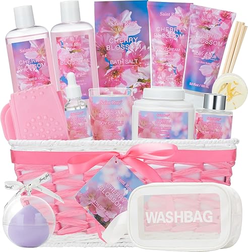 Miniatura 9 de Juego de regalo de baño y cuerpo, cesta de regalo de lujo para spa en casa, kit de spa de flor de cerezo para mujeres, cesta de baño, regalos de