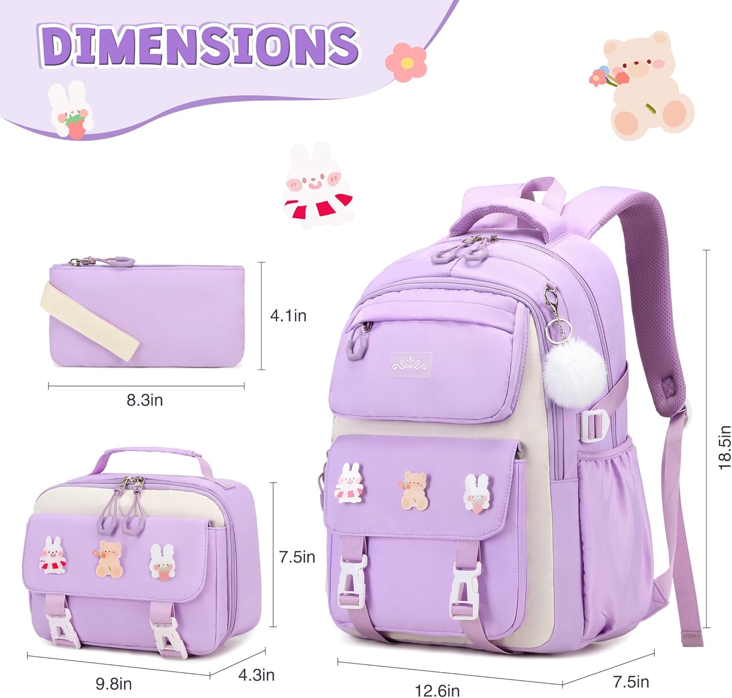3PCS Girls Backpack for School, Kids Backpack for Girls with Lunch Box Pencil Case Set for Teen Girl Elementary Primary Middle High College School Bookbag with Cute Pins (Purple) - Image 2