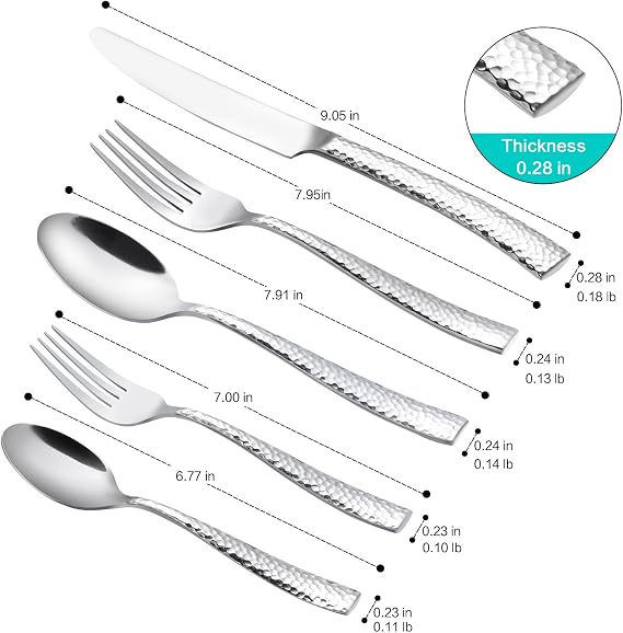 Silverware Set Flatware Set Stainless Steel Cutlery Set Hammered Pattern Mirror Finished 5 Pieces Service for 1