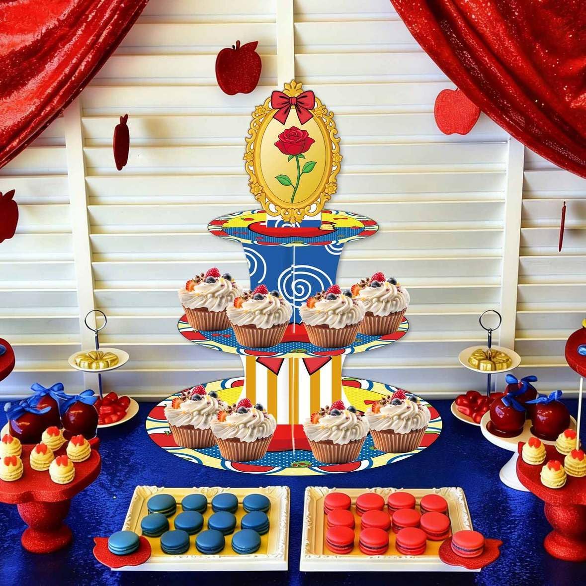 Cartoon Fairytale Birthday Cake Stand Three-Tier Cupcake Tower Princess Birthday Party Decorations Red Apple Bow and Rose Backdrop Children's Birthday Party Photo Props image 5