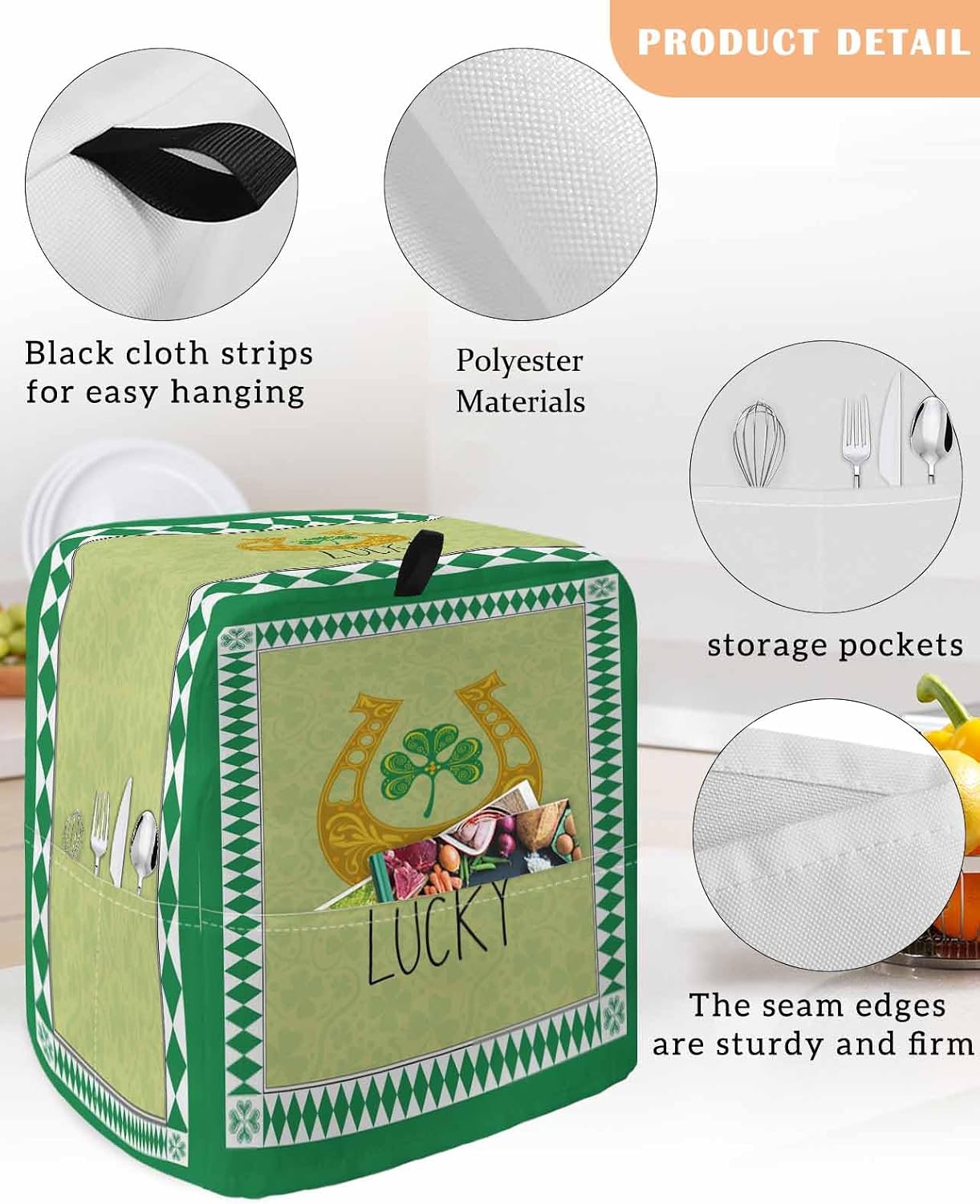 St. Patrick's Day Stand Mixer Cover with Storage Pocket, Waterproof Kitchen Mixer Covers, Lucky Shamrocks Golden Horseshoe Green Kitchen Appliance Dust Cover Compatible with 5-8 Quart Mixers