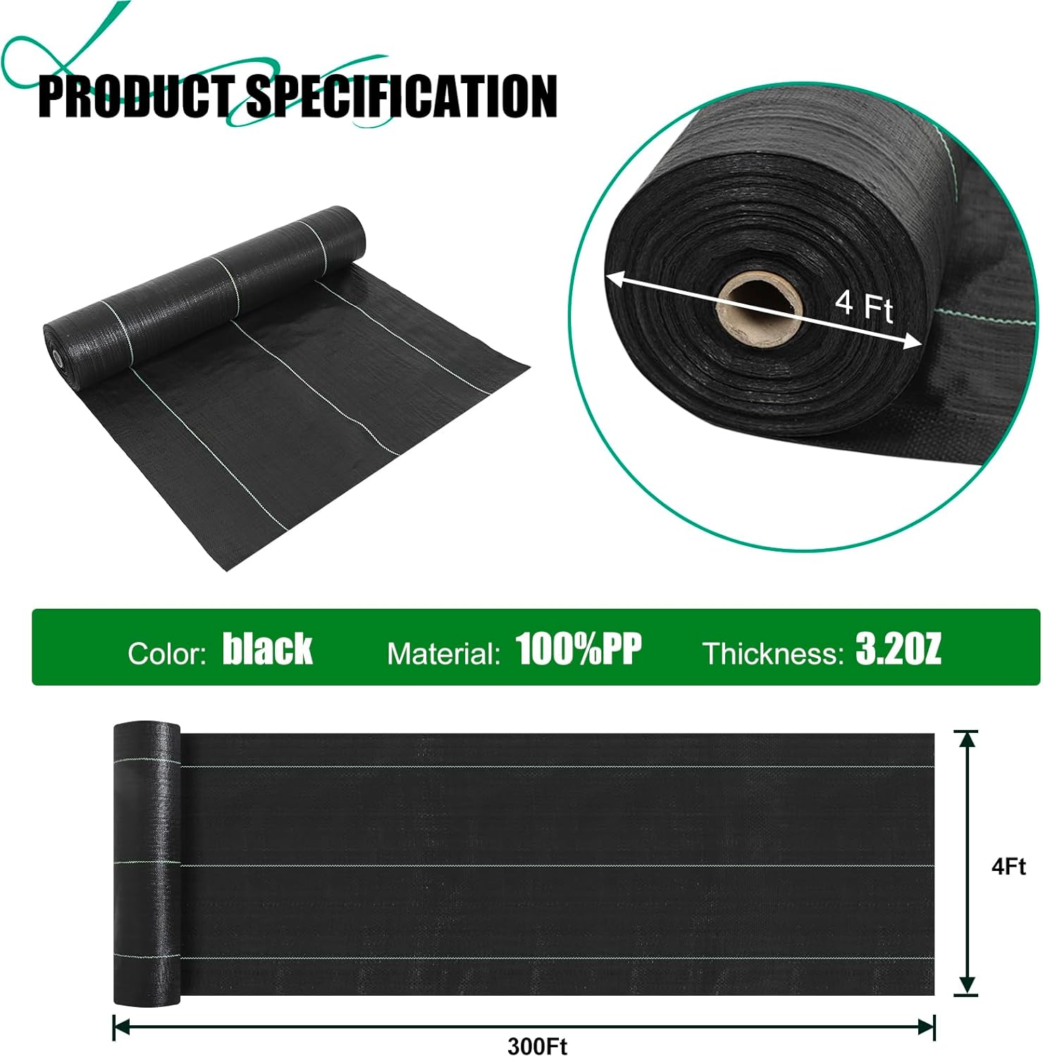 4ft x300ft Black Weed Barrier Landscape Fabric Heavy Duty 3.2OZ French Drain Fabric Ground Cover Weed Cloth for Erosion Control，Outdoor Gardening Weed Control Mat