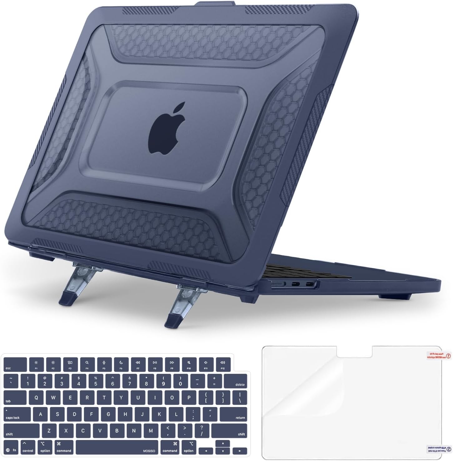 MOSISO Compatible with MacBook Air 15 inch Case M5 2026 M4 M3 M2 2025-2023 A3448 A3241 A3114 A2941, 3 in 1 Kit Honeycomb Shockproof Heavy Duty TPU Bumper Hard Case with Fold Kickstand, Midnight Clear