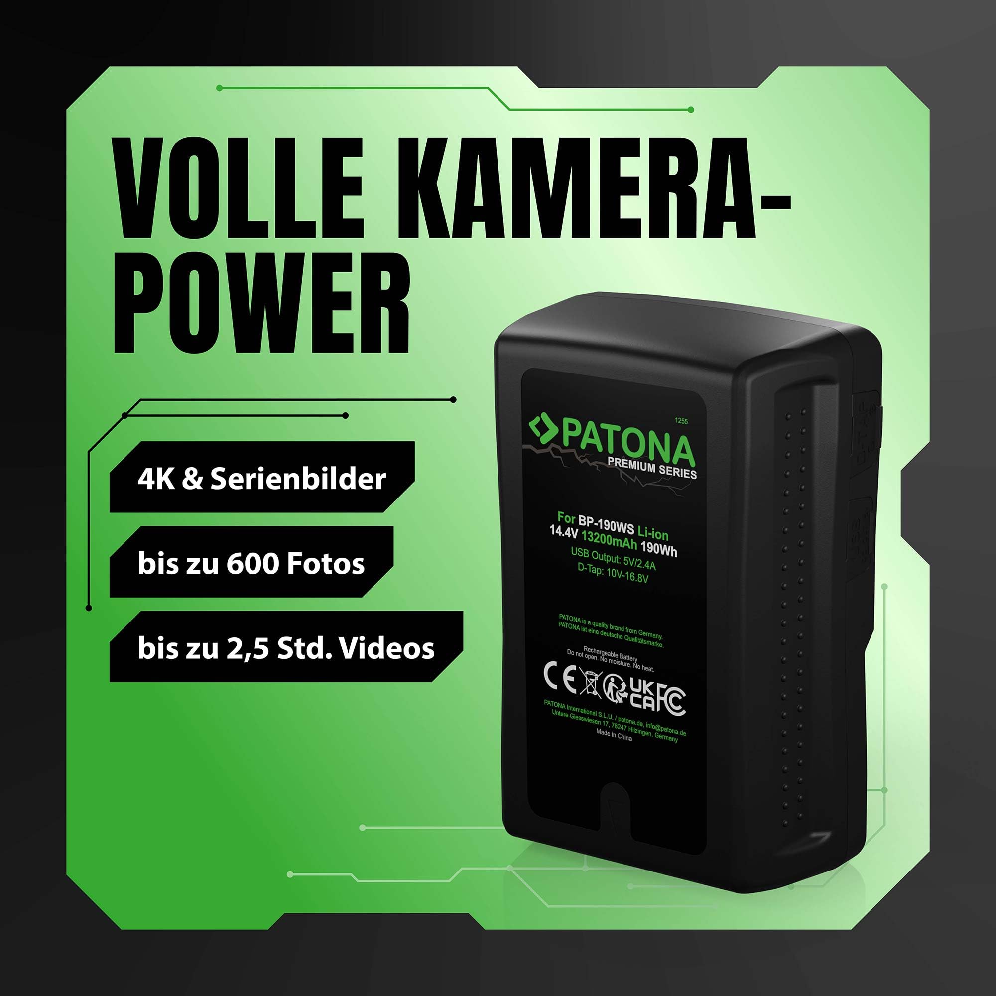 PATONA Premium V-Mount Akku 190Wh Ersatz für Sony BP-190WS BP-GL95 BP-GL65 | Ersatzakku 14.4V 13200mAh mit D-Tap & USB-Ausgang, LED-Anzeige - für Broadcast-Camcorder, URSA & Video-Licht